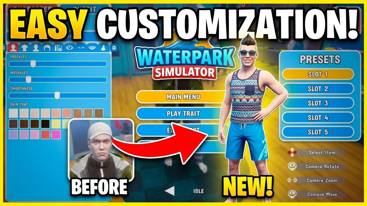 The character customization screen in Waterpark Simulator