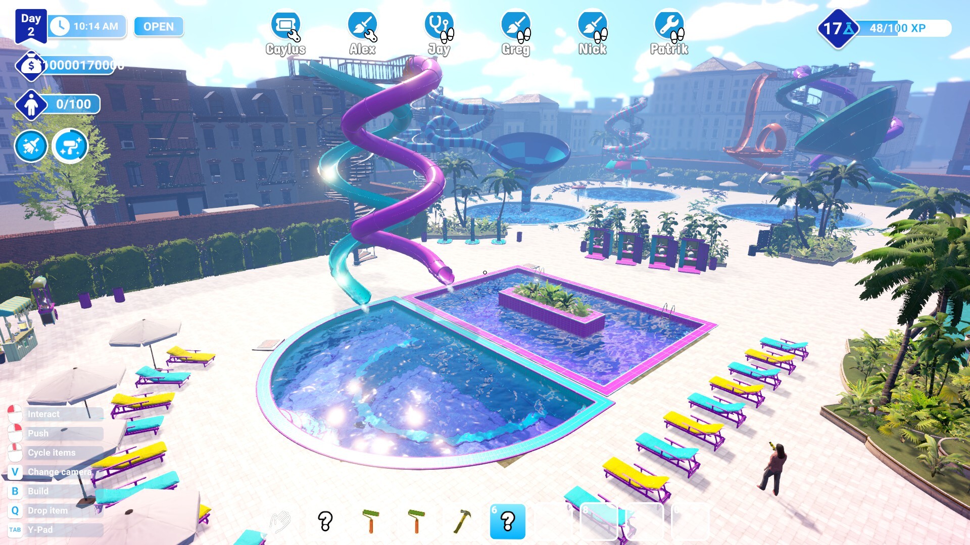 A large Waterpark Simulator park with pools and custom slides
