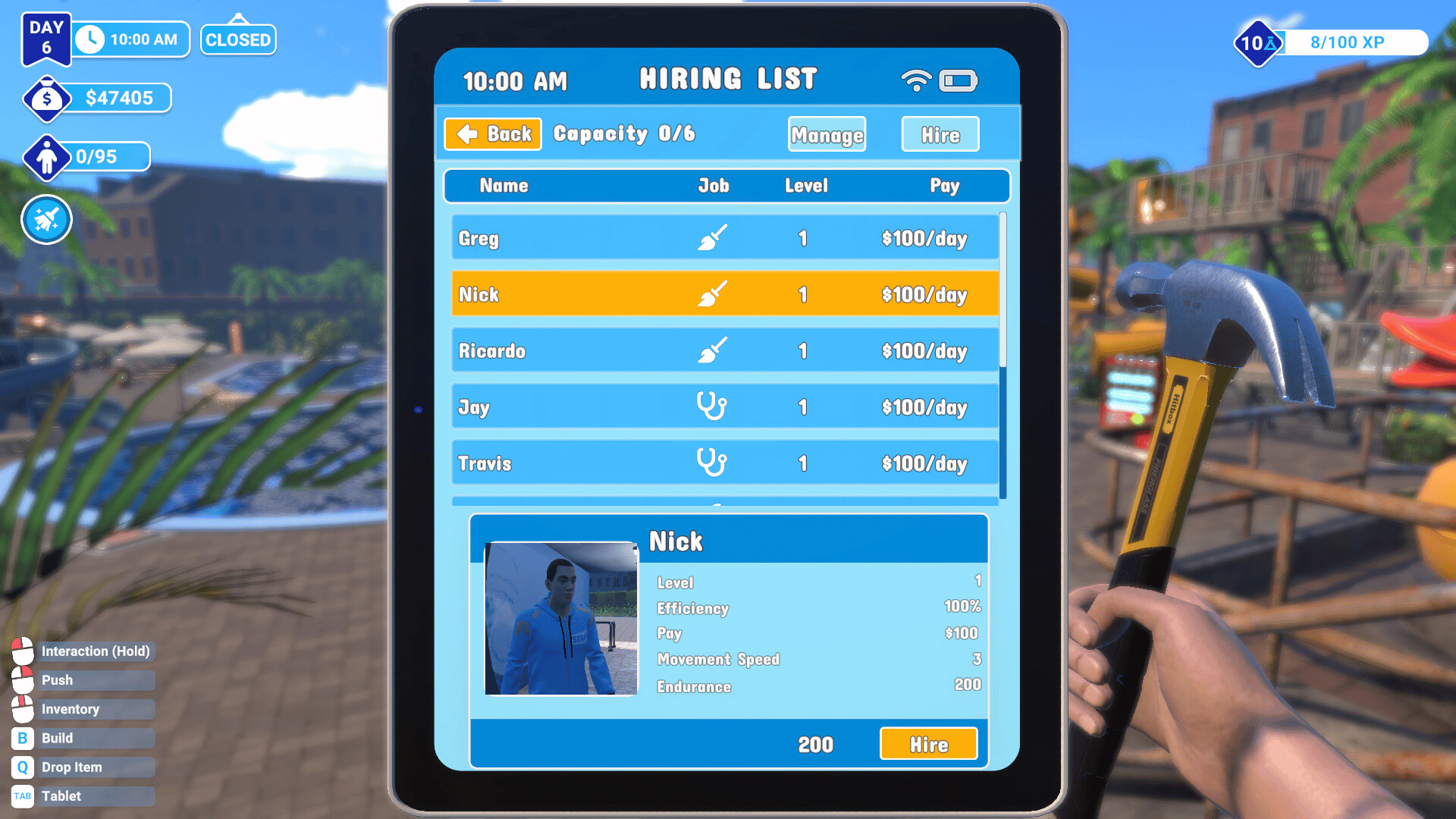 The staff hiring list in Waterpark Simulator